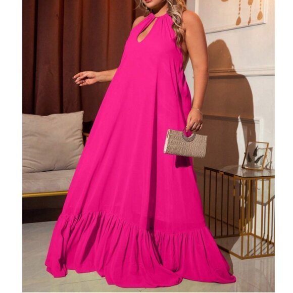 . Dresses & Skirts - Pink Sexy Womens Cut Out Front Ruffle Hem Halter Neck Backless Dress